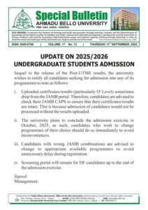 ABU Zaria admission update 2025