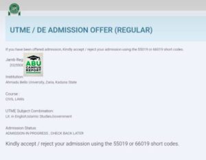 JAMB CAPS showing a candidates admission status