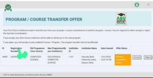 JAMB CAPS showing transfer approval message